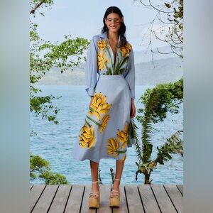 Farm Rio: Blue Banana Cocina Striped Midi Skirt